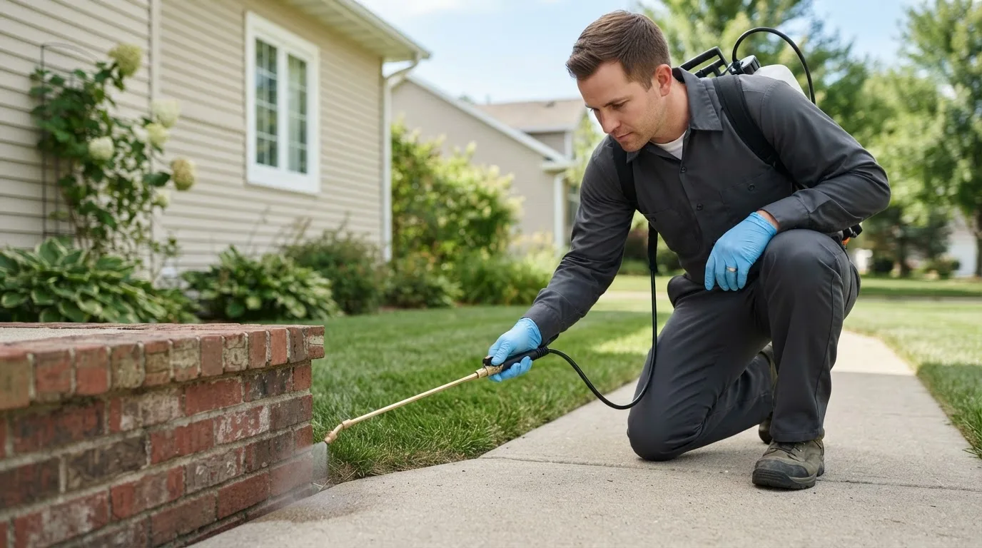 Pest control technician treating a home near Mingo, IA