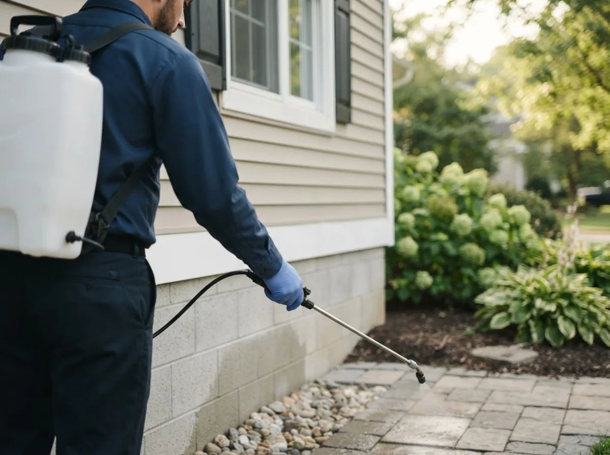 Pest control technician inspecting a home in Mingo, IA